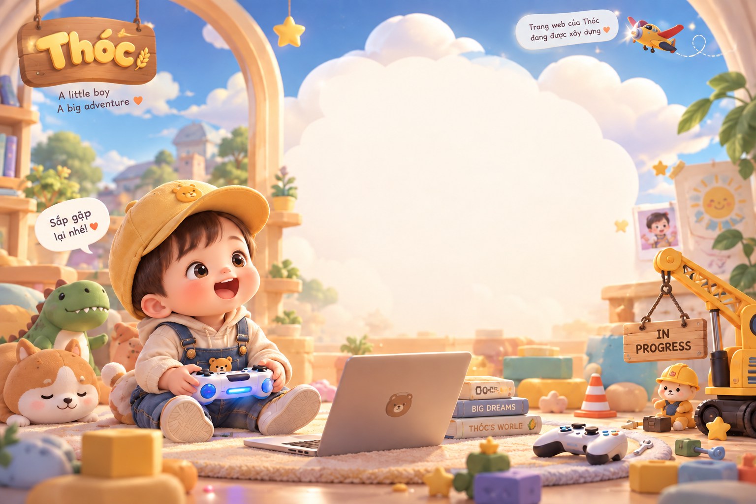 Phòng chơi 3D ấm áp bên cửa sổ bầu trời. Bé Thóc đội mũ vàng, mặc yếm xanh, cầm tay game giữa các bạn thú bông. Bảng gỗ Thóc treo bên trái; cần cẩu đồ chơi treo bảng IN PROGRESS bên phải.